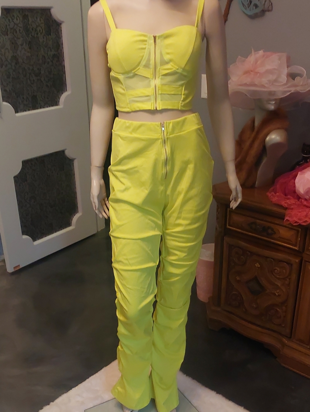 Yellow Two-Piece Bustier Crop Top & High-Waist Pants